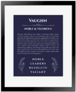 Vaughn personalized name meaning print in navy blue with black matte frame