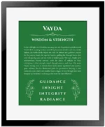 Vayda name meaning wall art by Get Your Story in dark green with black matte frame