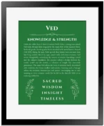 Ved personalized name art with origin story in dark green with black matte frame