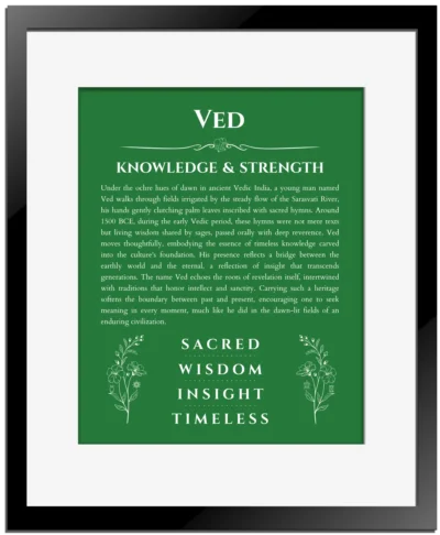 Ved personalized name art with origin story in dark green with black matte frame