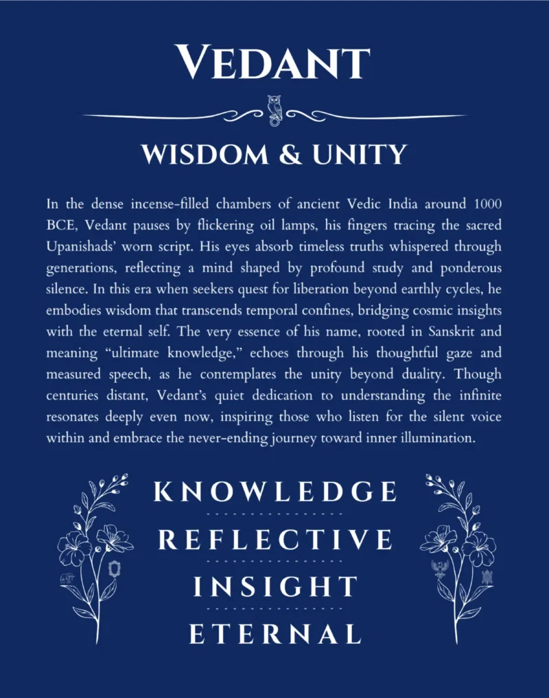 Vedant personalized name art with origin story in deep blue
