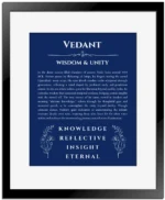 Vedant personalized name art with origin story in deep blue with black matte frame