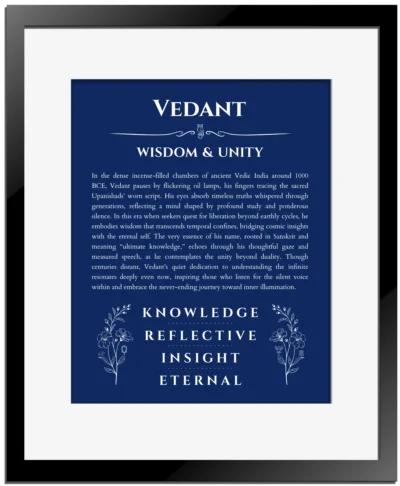 Vedant personalized name art with origin story in deep blue with black matte frame