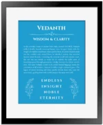 Vedanth personalized name meaning print in blue with black matte frame