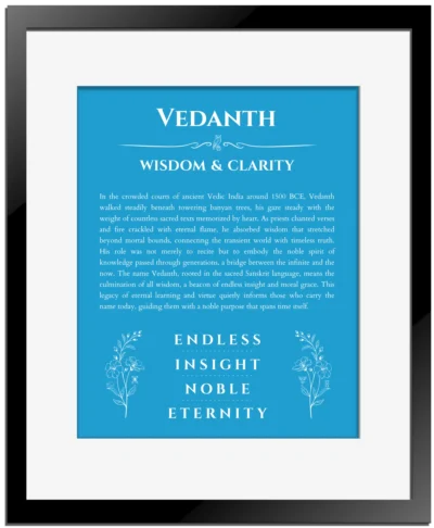 Vedanth personalized name meaning print in blue with black matte frame