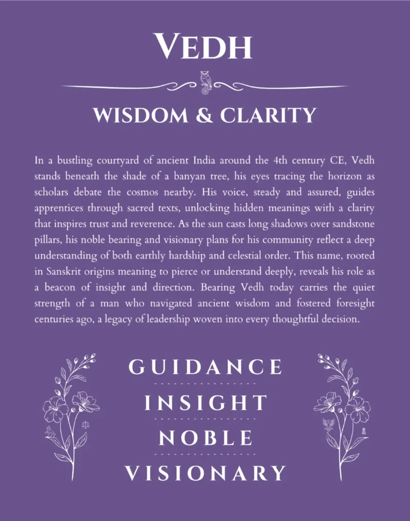 Vedh personalized name art with origin story in purple