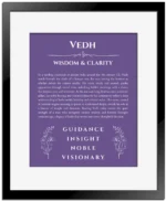 Vedh personalized name art with origin story in purple with black matte frame