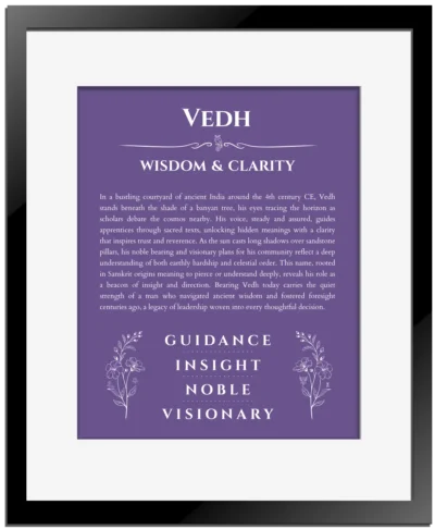Vedh personalized name art with origin story in purple with black matte frame