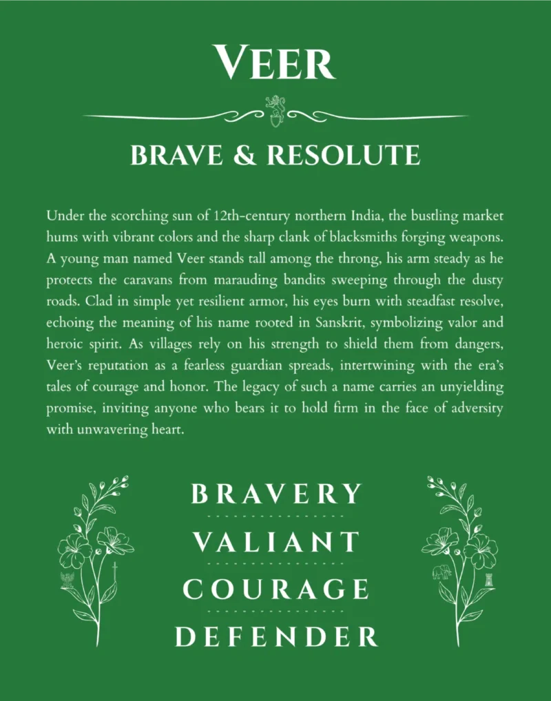 Veer personalized name art with origin story in dark green