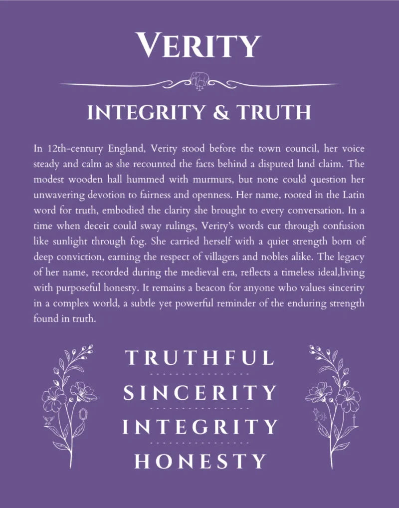 Verity personalized wall art with the story of your name in purple