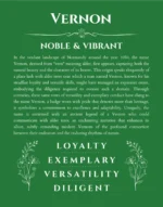 Vernon personalized name print with origin and traits in dark green