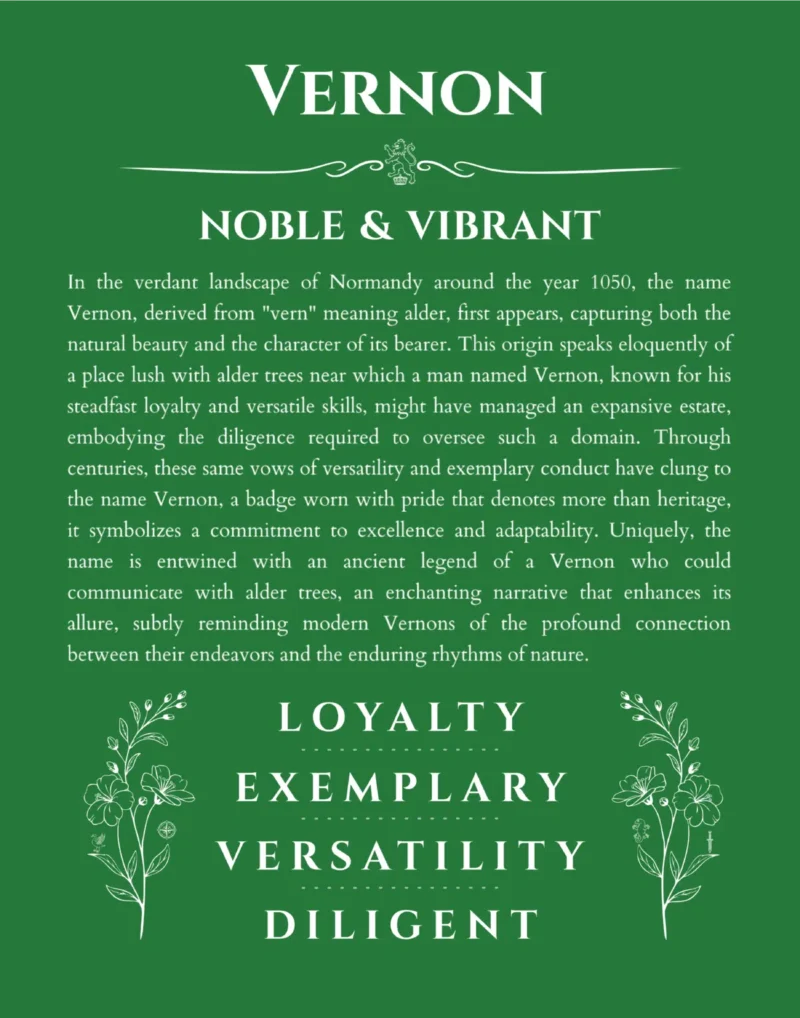 Vernon personalized name print with origin and traits in dark green