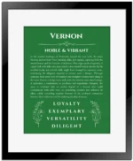 Vernon personalized name print with origin and traits in dark green with black matte frame