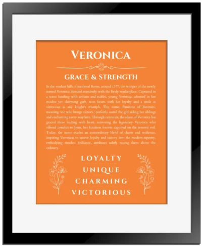 Veronica personalized wall art with the story of your name in orange with black matte frame
