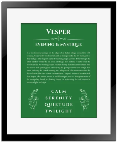 Vesper name meaning wall art by Get Your Story in dark green with black matte frame
