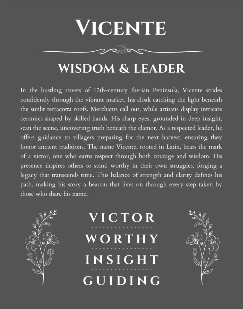 Vicente name origin print with meaning and traits in gray