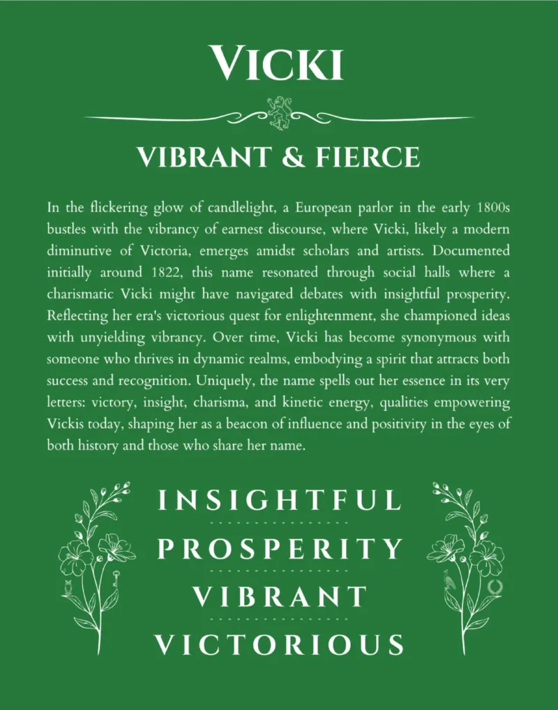 Vicki personalized name meaning print in dark green