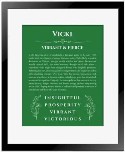Vicki personalized name meaning print in dark green with black matte frame