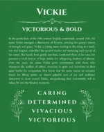 Vickie personalized name art with origin story in dark green