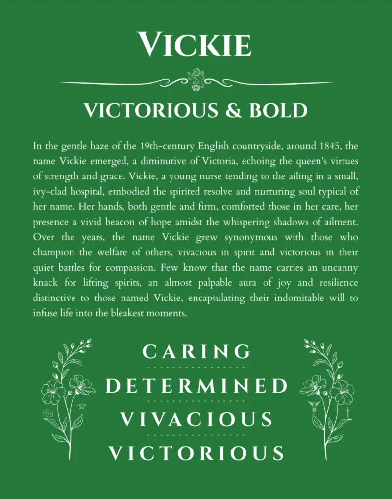 Vickie personalized name art with origin story in dark green
