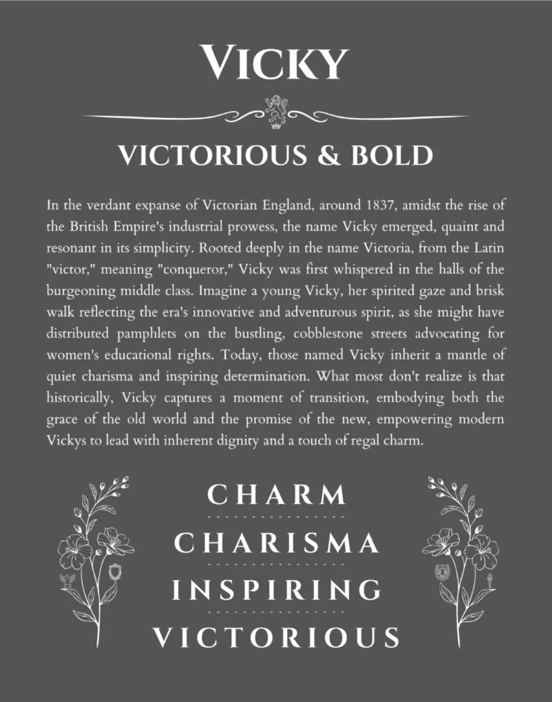 Vicky personalized name art with origin story in gray