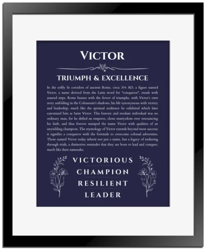 Victor custom name print for wall display in navy blue with black matte frame