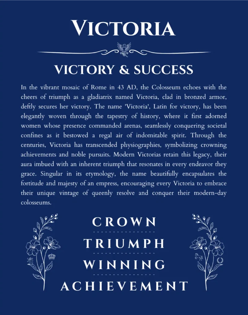 Victoria custom name art showing meaning and origin in deep blue