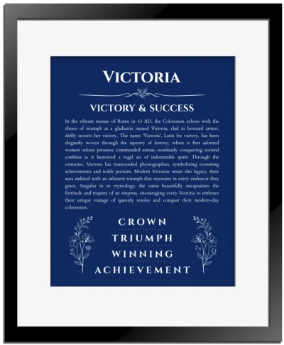 Victoria custom name art showing meaning and origin in deep blue with black matte frame
