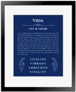 Vida name meaning wall art by Get Your Story in deep blue with black matte frame