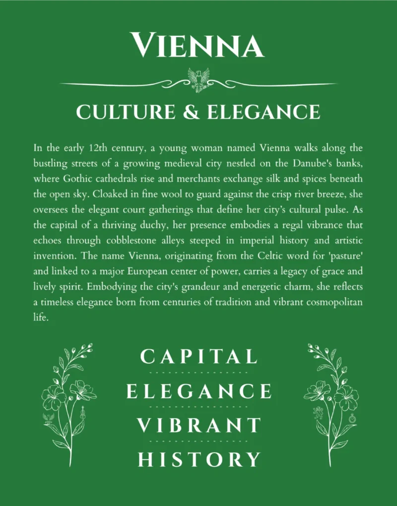 Vienna personalized name art with origin story in dark green