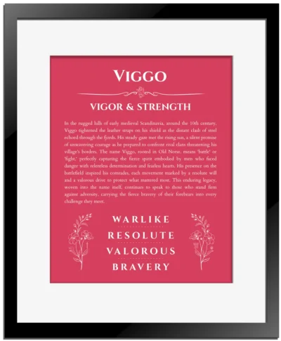 Viggo personalized name art with origin story in red with black matte frame