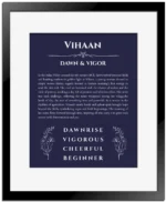 Vihaan personalized name art with origin story in navy blue with black matte frame