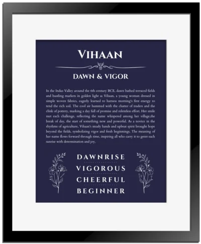 Vihaan personalized name art with origin story in navy blue with black matte frame