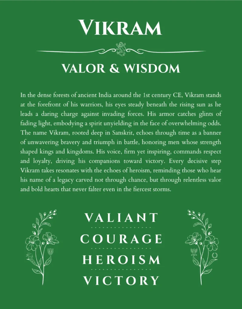 Vikram custom name art showing meaning and origin in dark green