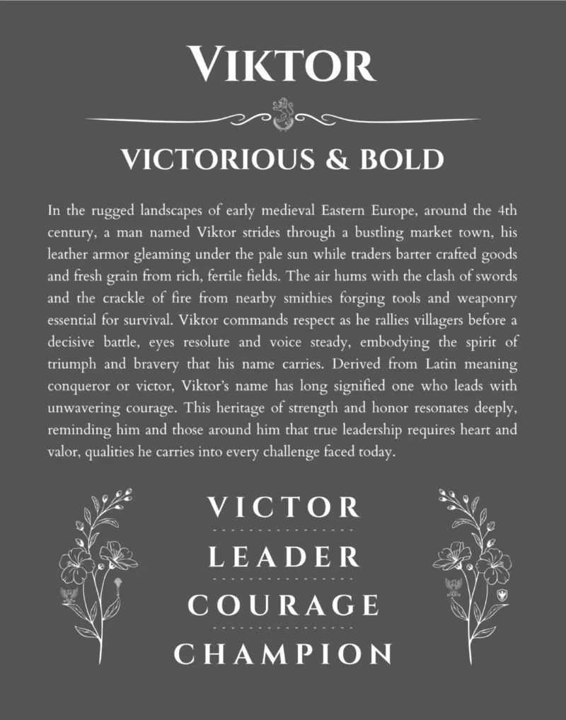 Viktor name origin print with meaning and traits in gray