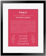 Vince custom name print for wall display in red with black matte frame