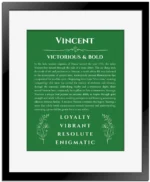 Vincent custom name meaning print in dark green with black matte frame