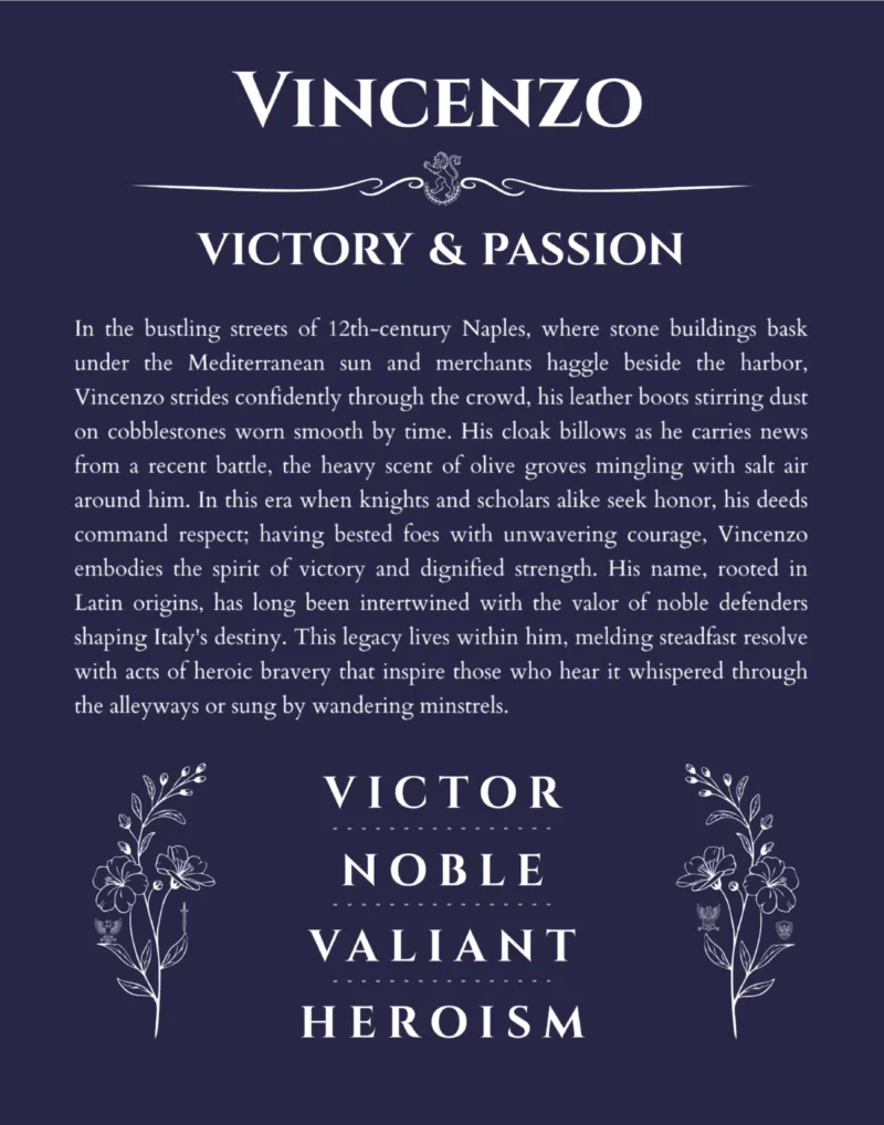 Vincenzo personalized wall art with the story of your name in navy blue