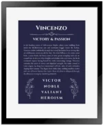 Vincenzo personalized wall art with the story of your name in navy blue with black matte frame