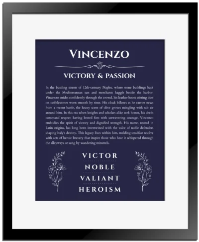 Vincenzo personalized wall art with the story of your name in navy blue with black matte frame