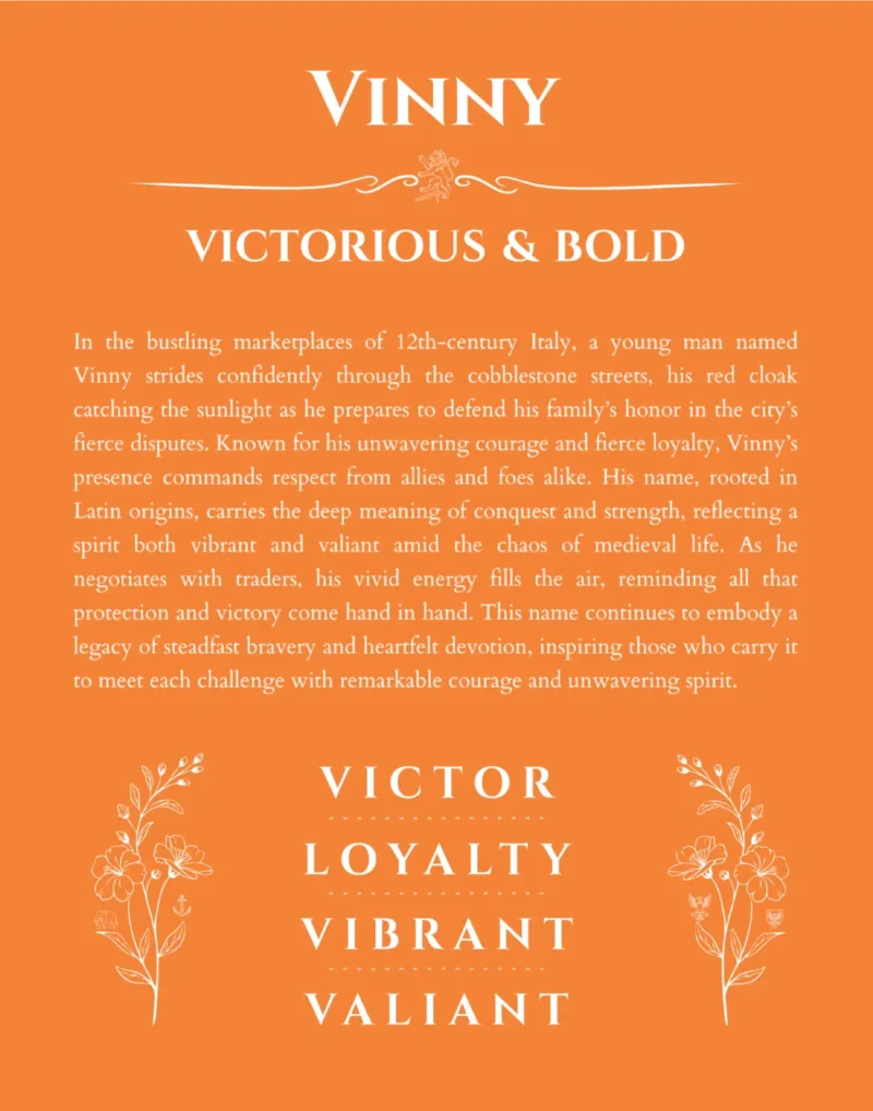Vinny personalized name art with origin story in orange