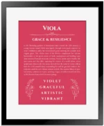 Viola custom name art showing meaning and origin in red with black matte frame