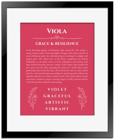 Viola custom name art showing meaning and origin in red with black matte frame