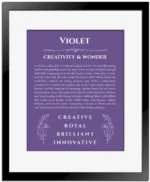 Violet custom name meaning print in purple with black matte frame
