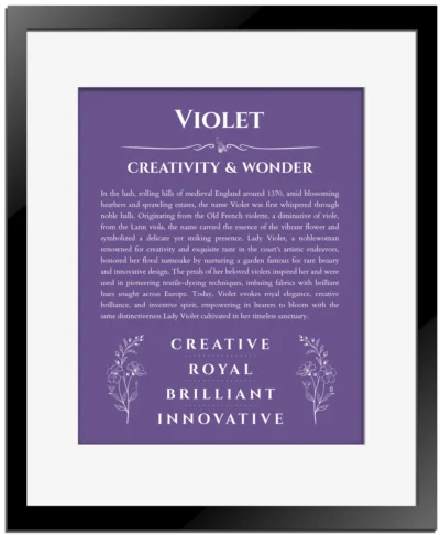 Violet custom name meaning print in purple with black matte frame