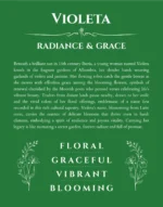Violeta name origin print with meaning and traits in dark green