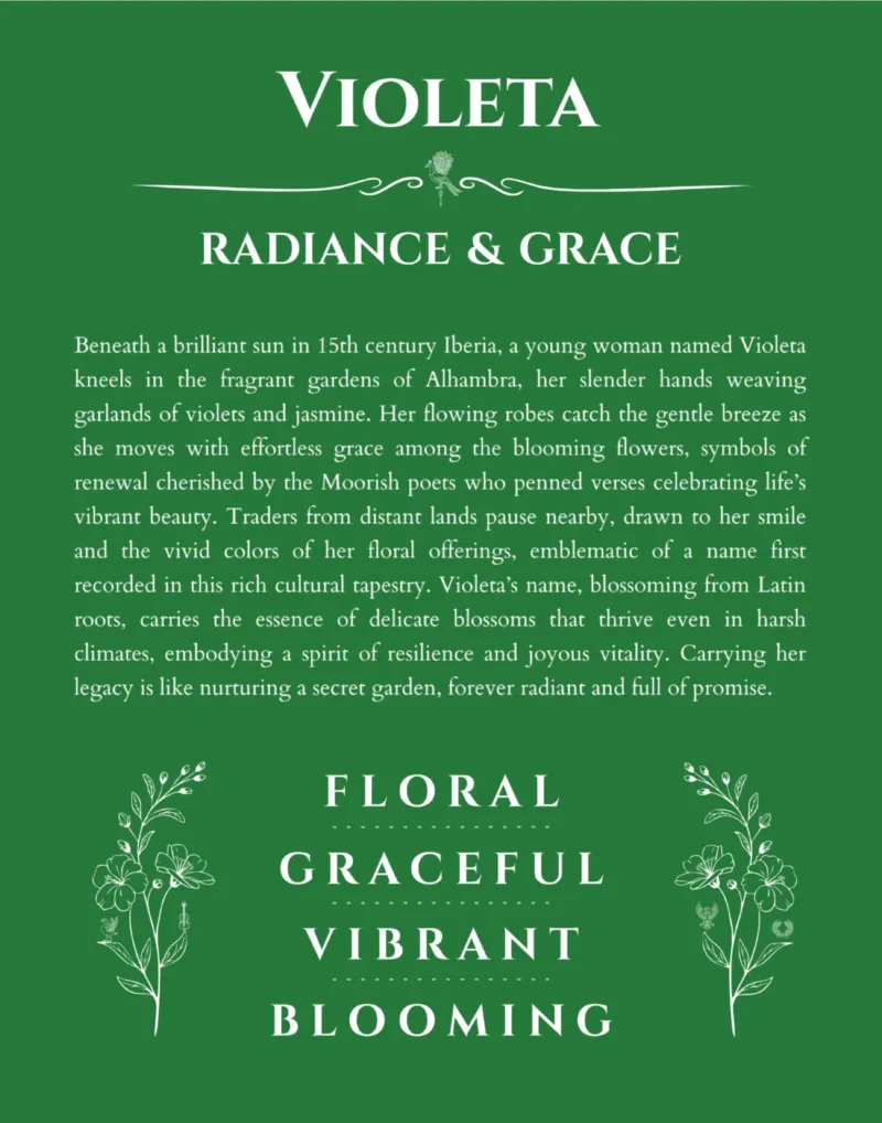 Violeta name origin print with meaning and traits in dark green