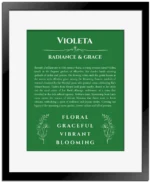 Violeta name origin print with meaning and traits in dark green with black matte frame