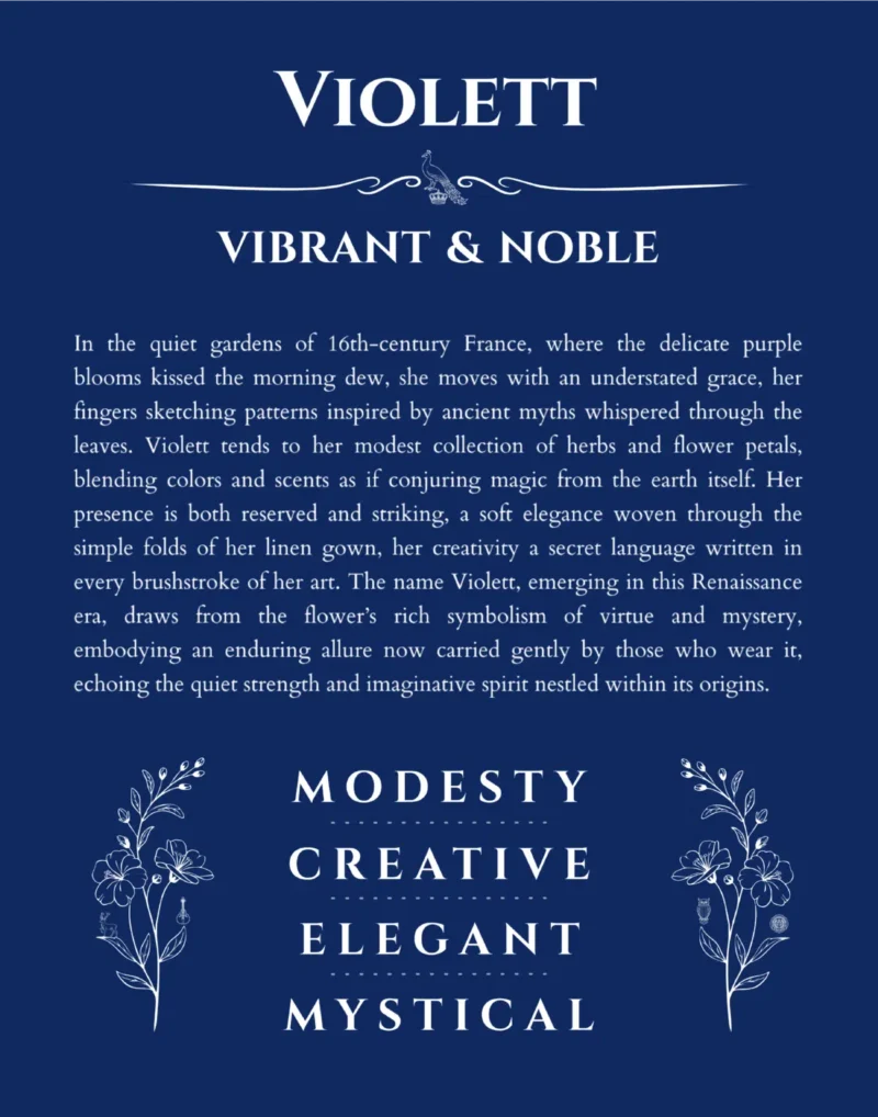 Violett name origin print with meaning and traits in deep blue