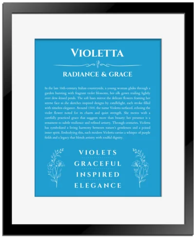 Violetta custom name meaning print in blue with black matte frame